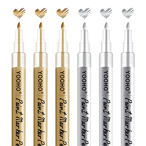 YOOHO Paint Pen Gold Silver Metallic Permanent Acrylic Markers Set for Fabric Glass Rock Wooden Ceramic Leather Tire Painting, 0.7mm Extra Fine Tip YOOHO