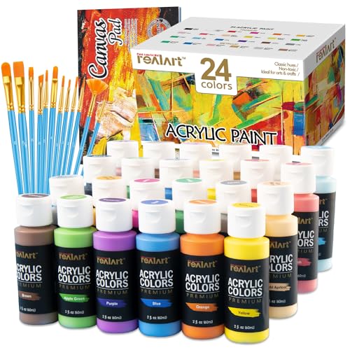 REALART Bulk Acrylic Paint 24 Colors (2oz/Bottle) with 10 Canvas and 10 Brushes Gloss Acrylic Paint Set Acrylic Paints for Canvas Painting Craft REALART