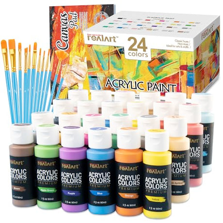 REALART Bulk Acrylic Paint 24 Colors (2oz/Bottle) with 10 Canvas and 10 Brushes Gloss Acrylic Paint Set Acrylic Paints for Canvas Painting Craft REALART