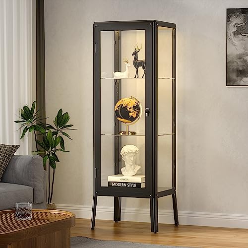 Ryoko Glass Display Cabinet with Adjustable 3-Shelf Shelves, Lock and Door, Dust-Proof, LED Light, Curio Cabinets Lego Display Case for Living Room - WoodArtSupply