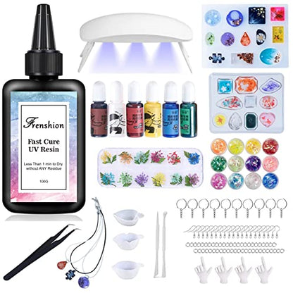 UV Resin Kit with Light,116Pcs Resin Jewelry Making Kit with 100g Fast Cure Clear Hard Low Odor UV Resin, Color Pigment, Resin Accessories, UV Resin