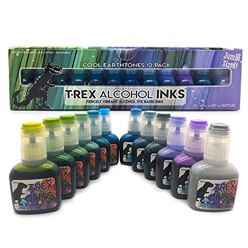 T-Rex Inks Premium Alcohol Inks Cool Earth Set- 12 Cool Tone Colors - Alcohol Ink for Epoxy Resin Dye, Painting, Tumbler Making & More - Includes - WoodArtSupply