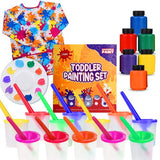 J MARK Toddler Painting Set – 32 Piece Complete Toddler Paint Set, Spill Proof Paint Cups for Kids, Washable Paint for Toddlers, Smock, Brushes and J MARK