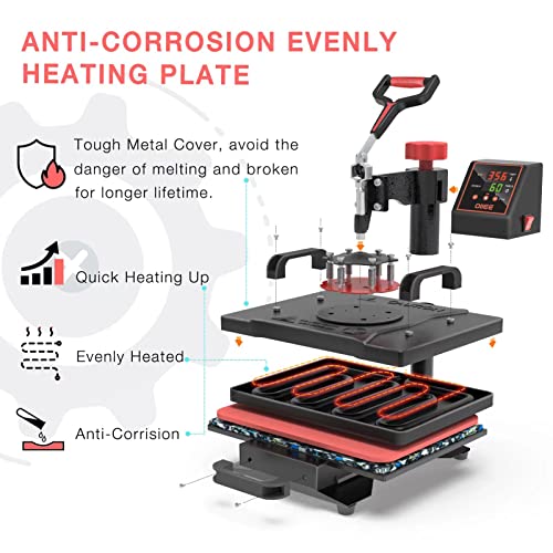 OIIEE Heat Press Machine 5 in 1 Combo Heat Press 12 x 15 Inch Heat Transfer Machine 360-Degree Swing Away Digital Shirt Printing Multifunction Heat - WoodArtSupply