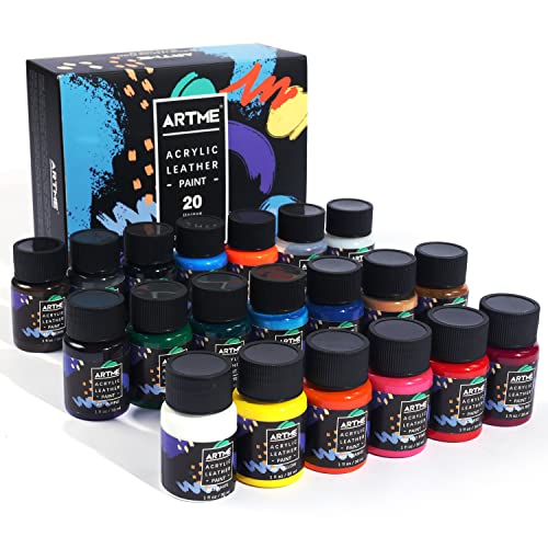 ARTME Acrylic Leather Paint Set, 20 Colors x 30ml Acrylic Leather Dye Kit Perfect for Shoes, Sneakers, Jackets, Leather Sofa, and Car Seat Artme