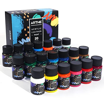 ARTME Acrylic Leather Paint Set, 20 Colors x 30ml Acrylic Leather Dye Kit Perfect for Shoes, Sneakers, Jackets, Leather Sofa, and Car Seat - WoodArtSupply