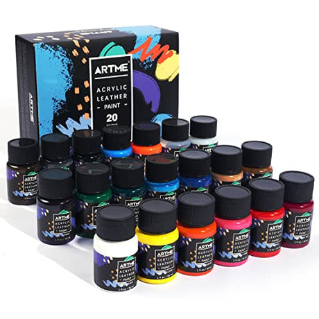 ARTME Acrylic Leather Paint Set, 20 Colors x 30ml Acrylic Leather Dye Kit Perfect for Shoes, Sneakers, Jackets, Leather Sofa, and Car Seat Artme
