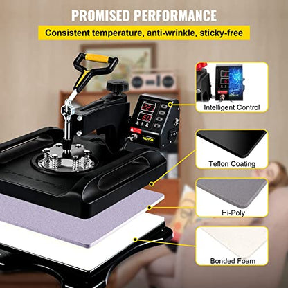 VEVOR Pro Heat Press Machine, 12 x 15 Inches, Fast Heating, 5 in 1 Combo 360 Swing Away Digital Sublimation T-Shirt Vinyl Transfer Printer with - WoodArtSupply