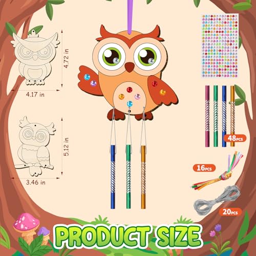 TREACLUB 16 Pack Wind Chime Kits for Kids, Make Your Own Owl Wind Chime DIY Coloring Paint Owl Wooden Arts and Crafts Birthday Gifts for Girls Boys TREACLUB