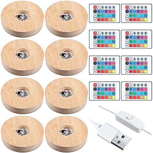 3.94 Inch Wooden Light Stand Base Colorful LED Lights Display Base with Remote Control for Selenite Tower 3D Laser Crystal Glass Resin Art (8 Pieces) Honoson