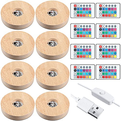 3.94 Inch Wooden Light Stand Base Colorful LED Lights Display Base with Remote Control for Selenite Tower 3D Laser Crystal Glass Resin Art (8 Pieces)