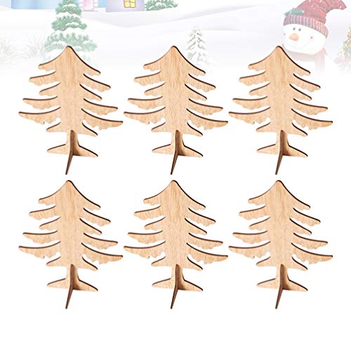 Amosfun 6pcs Wooden Christmas Tree Crafts 3D Unfinished Natural Wood Cutouts Sculpture Tabletop Xmas Tree Ornament for Cabinet Bookshelf Party Decor Amosfun