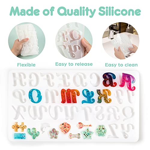 Mocoosy 182Pcs Reversed Silicone Alphabet Resin Molds Kit, Fancy Letter & Ornament Molds Epoxy Resin Casting Keychain Making Set with 1 Hand Drill 2