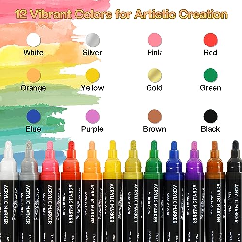 12 Colors Acrylic Paint Pens Set , Medium Tip Permanent Markers for Rock Painting , Canvas, Tires, Wood, Metal, Scrapbooking, Fabric, Glass,