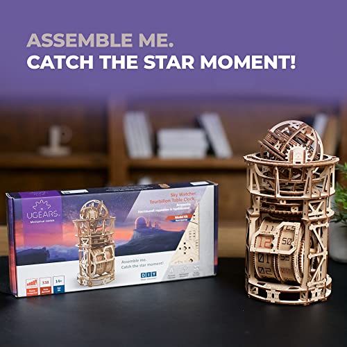 UGEARS Tourbillon Table Clock Kit - Sky Watcher 3D Wooden Puzzles Mechanical Clock Kit Idea DeskWood Clock Kits to Build - 3D Puzzles Model Kits for UGEARS