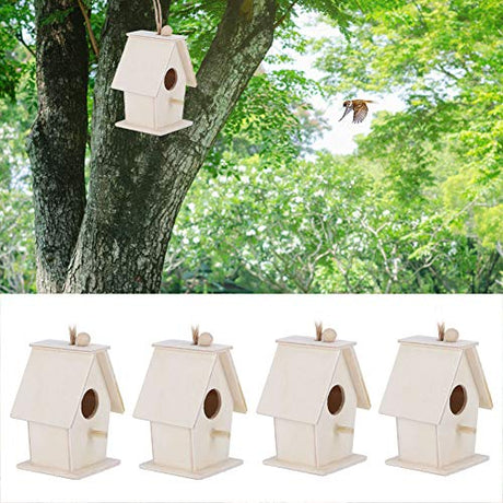 4Pcs Wooden Birdhouse Kits, Hanging Bird House Decorative Small Wood Birds Nest Cage Unfinished Paintable Nesting Box Innovative Birdcage Crafting Tiiyee