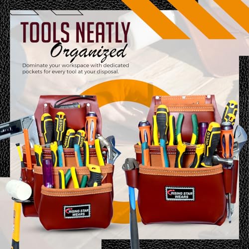 RISING STAR 100% GENUINE BROWN LEATHER TOOL POUCH WITH BELT- MINI TOOL BAG FOR NAILS, HAMMER, PILERS & TAPE MEASURE HOLDER BEST TOOL POUCH FOR WoodArtSupply