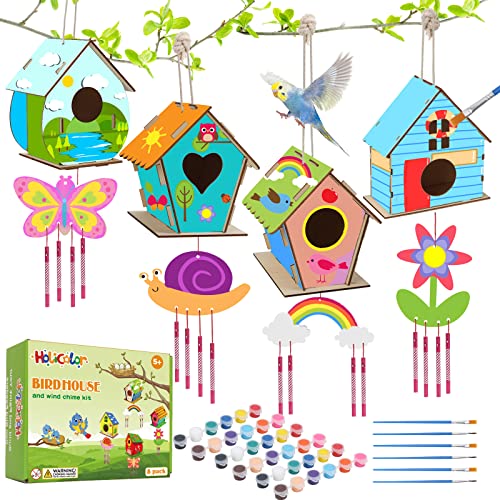 HOLICOLOR 4 Pack Bird House Kits with Wind Chime Wooden Arts and Crafts for Kids to Build and Paint (Includes Paints & Brushes) for Children Girls