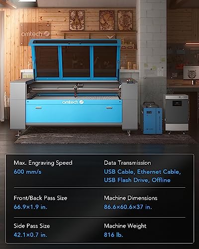 OMTech 150W CO2 Laser Engraver with LightBurn & Water Chiller, 40x63 Inch Laser Cutting Engraving Machine with Autofocus Autolift 3 Way Pass Air