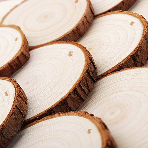 Fuyit Natural Wood Slices, 30 Pcs 3.5-4 Inch Unfinished Predrilled Wooden Circles Tree Slice with Hole & Barks for DIY Arts Craft Christmas Ornaments