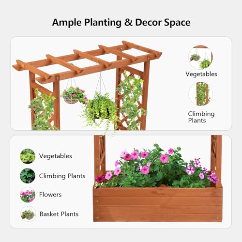 VINGLI Raised Garden Bed with Trellis & Hanging Roof, Wooden Garden Bed, Outdoor Planter Box for Yard, Garden, Balcony