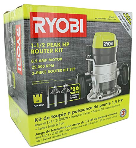 Ryobi R1631K 1-1/2 Peak HP 8.5 Amp LED Lit Corded Router Including 3 Piece Bit Set (w/ Tool Bag) Ryobi