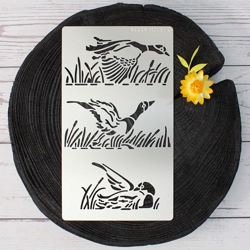 Aleks Melnyk No.473 Metal Stencil, Duck Flies Over Water and Reeds, Birds, Animals, Small Stencil, 1 PC, Template for Wood Burning, Engraving, - WoodArtSupply