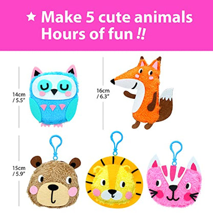 KRAFUN My First Sewing Animal for Kids, Beginner Art & Craft, 5 Easy Activities Stuffed Animal Dolls, Keyring Charms, Instructions & Felt Materials - WoodArtSupply