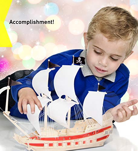 Puzzled 3D Puzzle Pirate Ship Wood Craft Construction Model Kit, Fun Unique & Educational DIY Wooden Toy Assemble Model Unfinished Crafting Hobby Puzzled