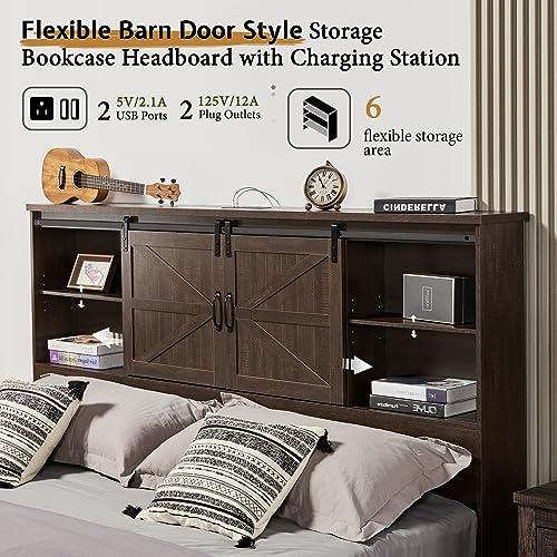 VanAcc Rustic Wooden Platform Storage Bed with Bookcase Headboard and Charging Station VanAcc
