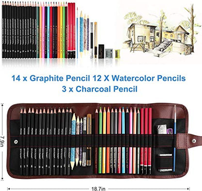 QQQ Sketching Pencil Set Art Pencils Drawing Kit,39 pcs Drawing Set With Sketch Pencils, Watercolor Pencils inside Canvas Rolling Pouch For - WoodArtSupply