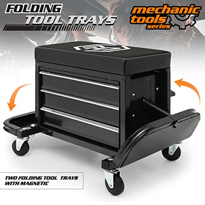 M-AUTO Rolling Mechanic Stool Garage Toolbox Stool Tool Chest Seat w/Wheels, 350LBS Capacity Padded Mechanic Stool Creeper Seat w/Drawers & Side Tool - WoodArtSupply