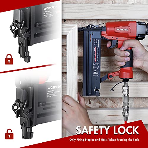 WORKPRO Pneumatic Brad Nailer, 18 GA, 2 in 1 Nail Gun and Crown Stapler, with 400pcs Nails/ 300pcs Staples, for Carpentry, DIY Project, Woodworking WORKPRO