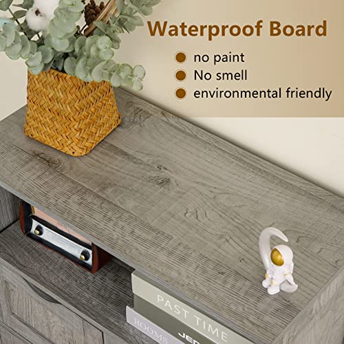 WEENFON Floor Storage Cabinet with 2 Adjustable Drawers & 2 Barn Doors, Standing Cupboard with 2 Shelf, for Living Room, Home Office, Kitchen, Grey WEENFON