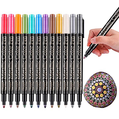 Sunshilor Metallic Marker Pens, 12 Colors Metallic Pens Paint Markers for Rock Painting, Black Paper, Card Making, DIY Photo Album, Scrapbook Crafts, Sunshilor