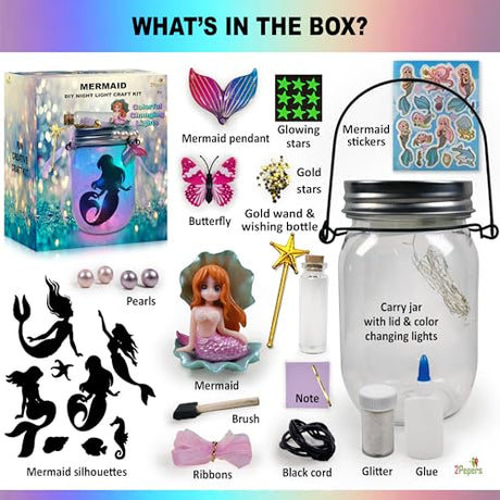 Make Your Own Mermaid Toy Night Light Lantern Jar Arts & Crafts For Girls, DIY Mermaid Gifts For Girls Ages 4 5 6-8 8-10 8-12 & Teens. Best Little 2Pepers
