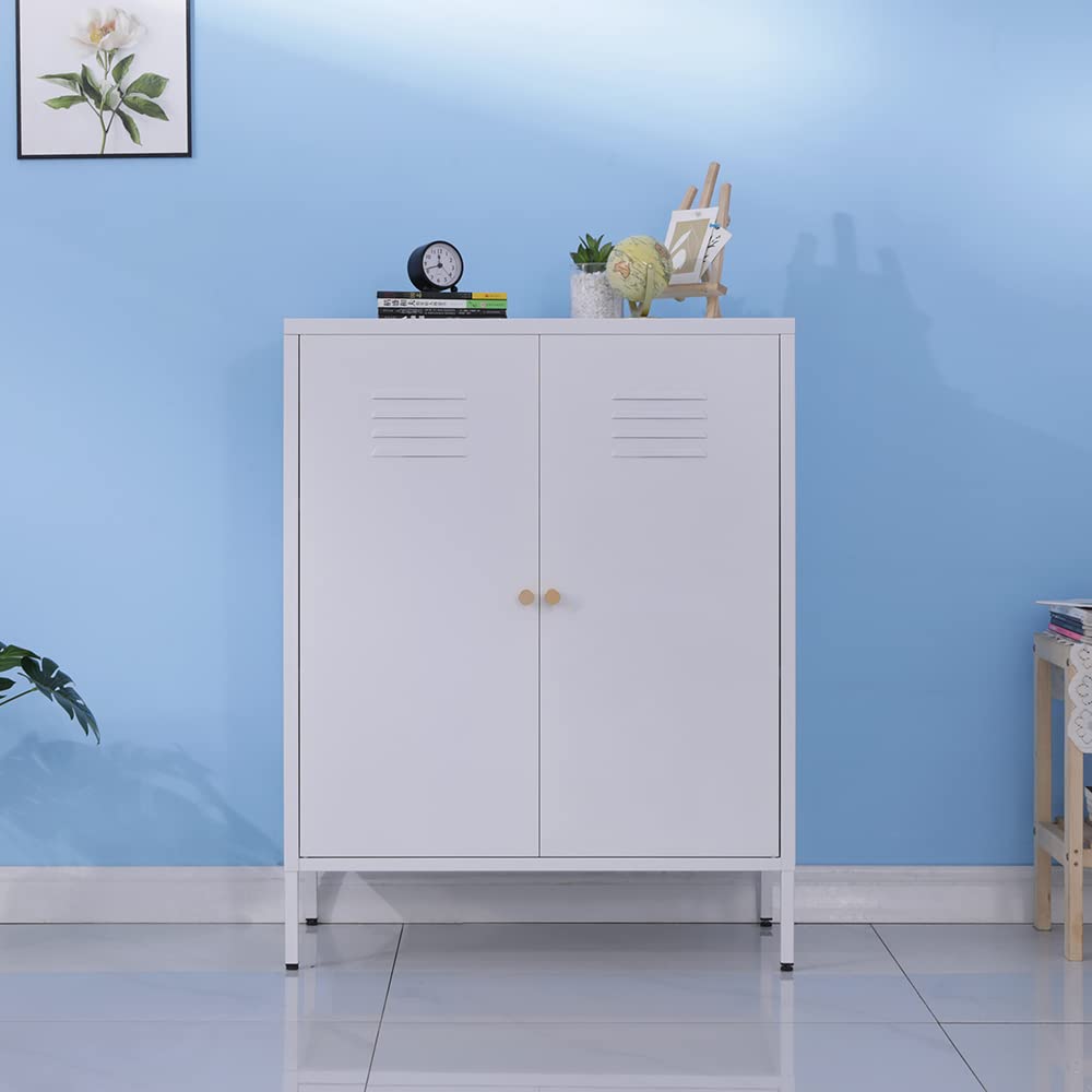 WISUNO Metal Accent Storage Cabinet for Bed Room,Living Room,Home,Hotel,Office,Garage,3-Tier,2 Removable Shelves (2 Metal Door H40.15'', White) WISUNO