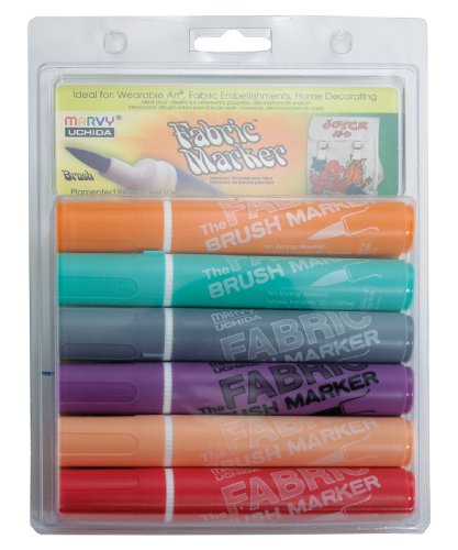 Uchida 722-6B Brush Fabric Marker, Set of 6,Orange,Green,Grey - WoodArtSupply