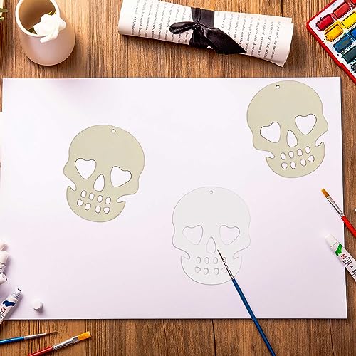 Creaides 20pcs Halloween Skull Wood DIY Crafts Cutouts Wooden Skull Shaped Hanging Ornaments with Hole Hemp Ropes Gift Tags for DIY Projects