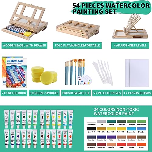 54 Pieces Watercolor Paint Set with Portable Wood Easel, Complete Starter Painting Art Supplies with Watercolor Paints, Canvases, Sketch Pads, AOTEMOON