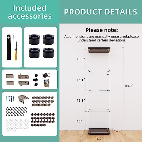 FLYMUHJIA Curio Cabinet Glass Display Case for Collectibles with Door, 4 Display Shelves Showcase, 64.2”Hx16.9''Lx 14.6''W Black FLYMUHJIA