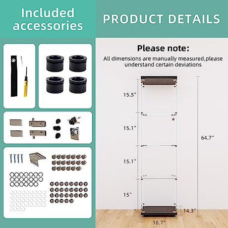 FLYMUHJIA Curio Cabinet Glass Display Case for Collectibles with Door, 4 Display Shelves Showcase, 64.2”Hx16.9''Lx 14.6''W Black FLYMUHJIA