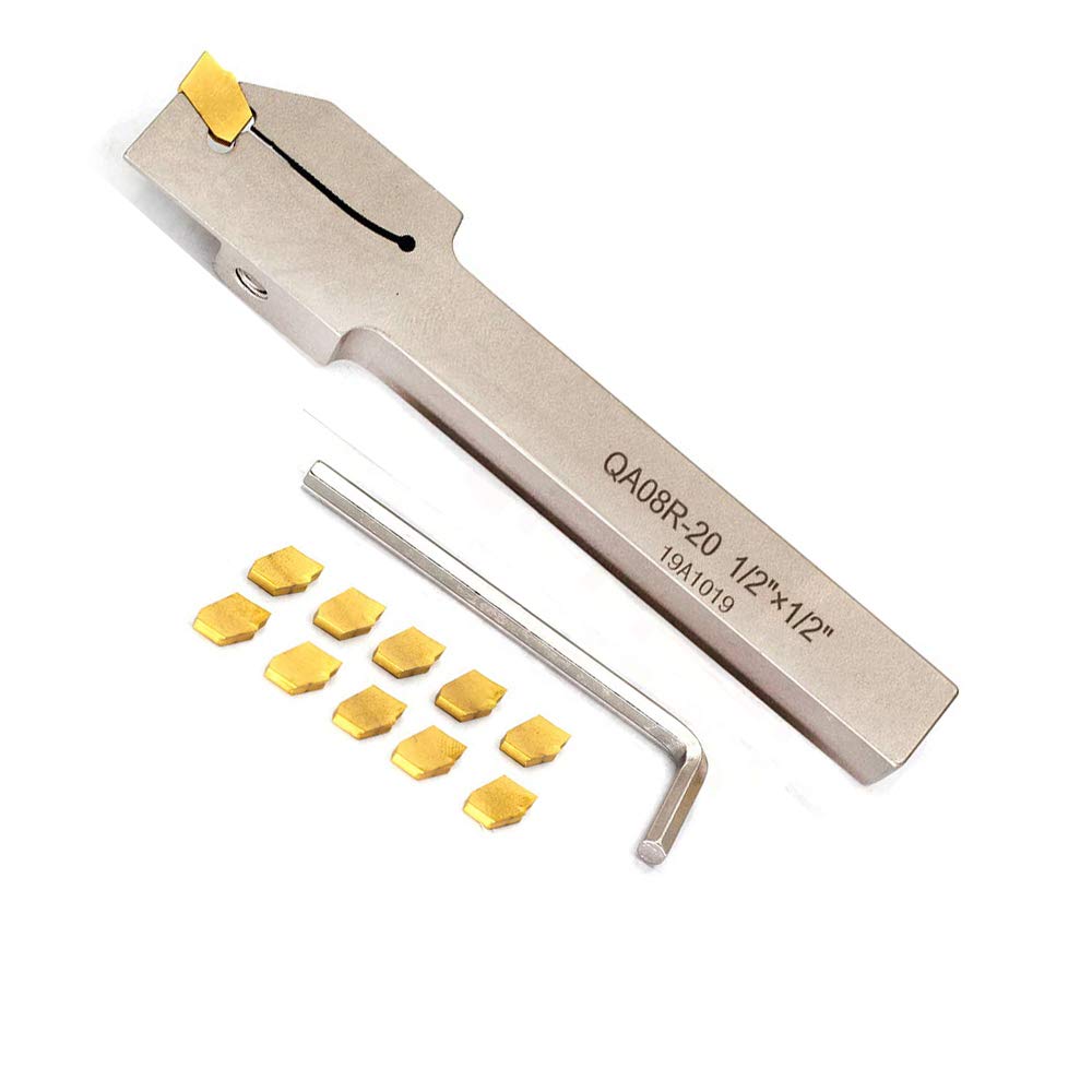 OSCARBIDE 1/2" Shank Nickel Plated Indexable Lathe Grooving Parting Holder Heavy Duty with 10 Pieces GTN-2(QC1402) Carbide Inserts QA08R-20 Right OSCARBIDE