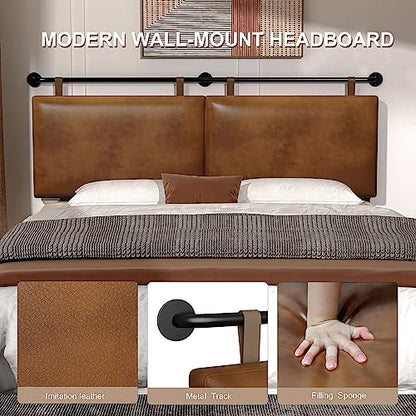 BSHOMGI Wall Mount Headboard, King Headboard Size, PU Leather Head Board Only Brown Hanging Head Boards, Industrial Pipe Modern King Bed Backboard - WoodArtSupply