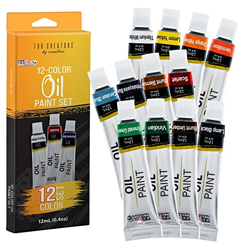 U.S. Art Supply Professional 12 Color Set of Art Oil Paint in 12ml Tubes - Rich Vivid Colors for Artists, Students, Beginners - Canvas Portrait