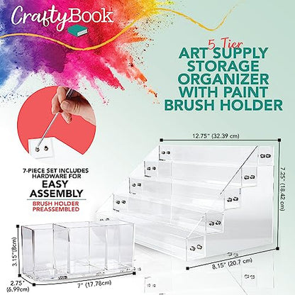CraftyBook 5-Tiered Art Supply Storage Organizer with Paint Brush Holder - Clear Acrylic Tabletop Gel Polish Paint Storage Step Shelf - Acrylic Nail