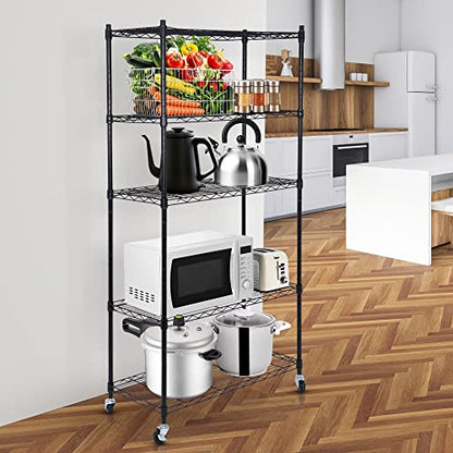 SUPER DEAL Black 5-Shelf Heavy Duty Storage Wire Shelving Unit with Wheels for Restaurant Garage Pantry Kitchen Garage Rack (30L x 14W x 63H)