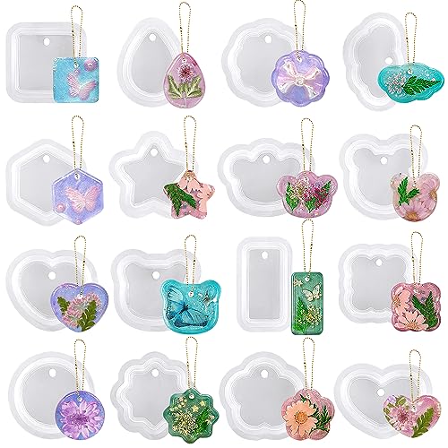 RESINWORLD 16pcs Variety Geometric Pendant Silicone Molds with Hanging Hole, Jewelry UV Resin Mold, Necklace Keychain Molds for Epoxy Resin ResinWorld