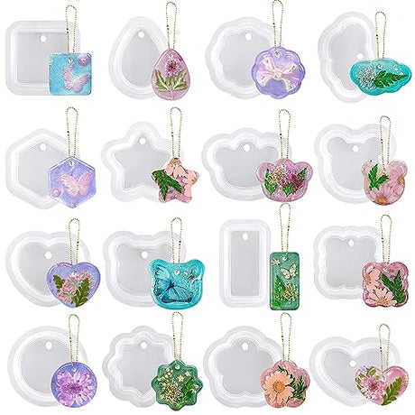RESINWORLD 16pcs Variety Geometric Pendant Silicone Molds with Hanging Hole, Jewelry UV Resin Mold, Necklace Keychain Molds for Epoxy Resin ResinWorld