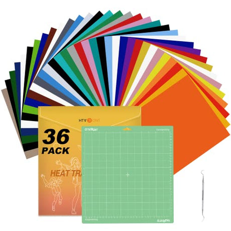 HTVRONT HTV Heat Transfer Vinyl Bundle: 36 Pack 12 x 10" Iron On Vinyl with 1 Pack Standard Grip Cutting Mat for T-Shirt, 25pcs Assorted Colors HTV HTVRONT